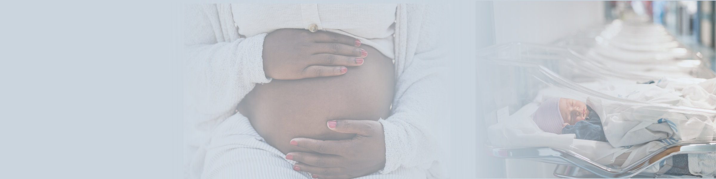 Black pregnant person holding their stomach, newborn in hospital bassinet
