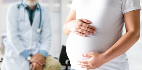 Pregnant person cradles stomach and doctor sits on desk in background