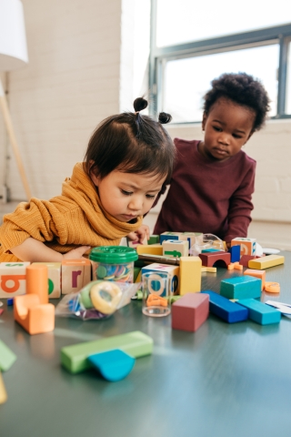 Asian child and Black child playing with blocks